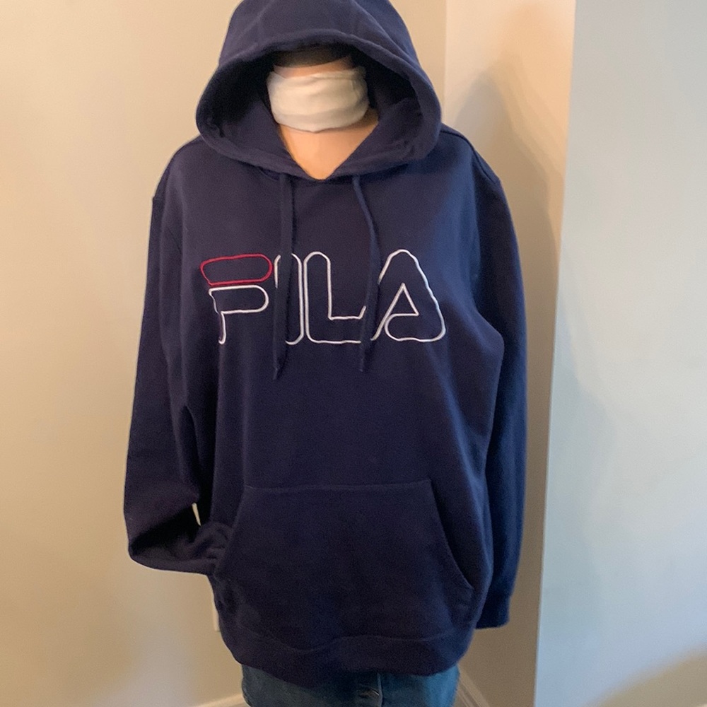 Fila navy like new hoodie unisex kangaroo pocket stitched logo